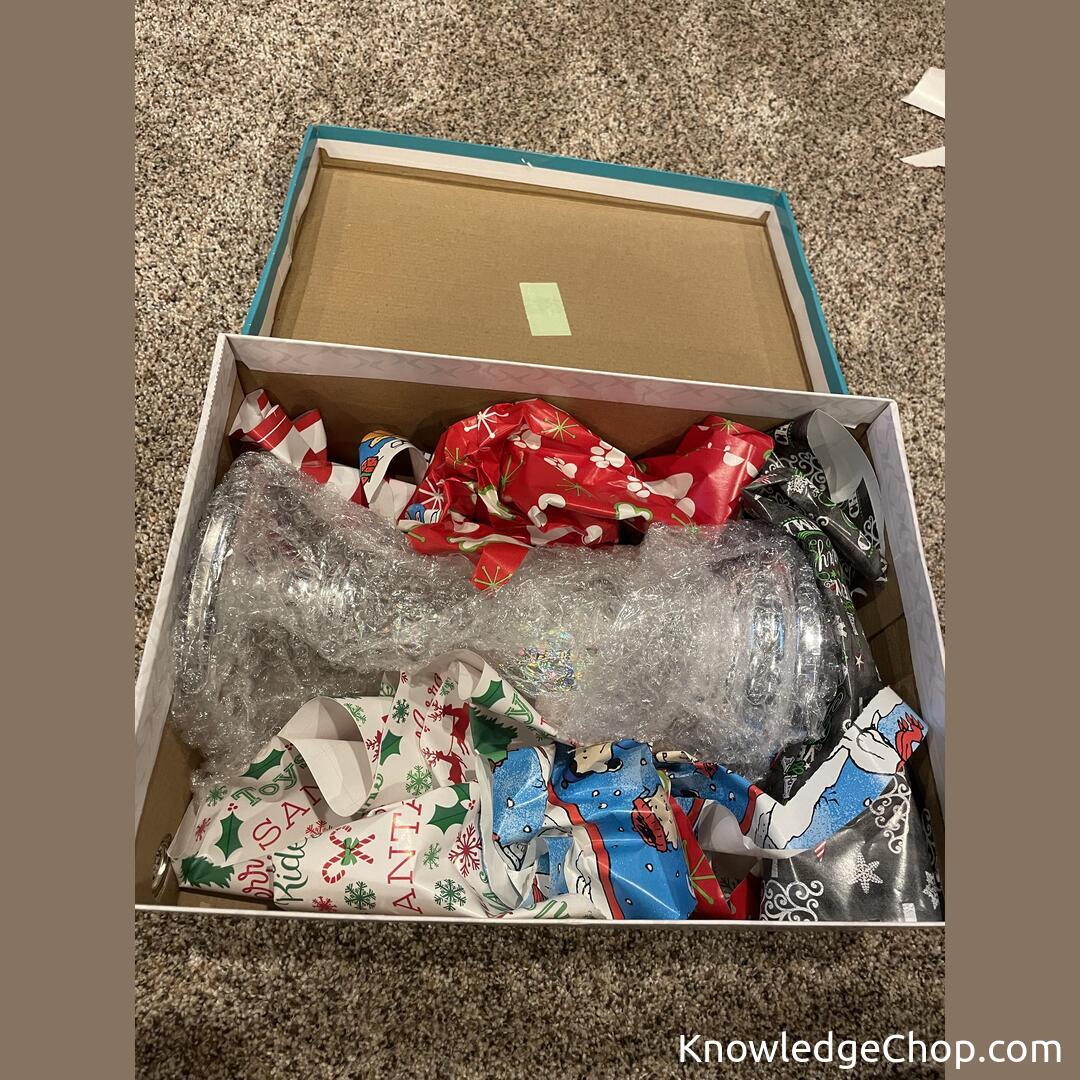 
When wrapping fragile presents for your family, use left over wrapping paper scraps to add more cushion, and put those scraps to use.