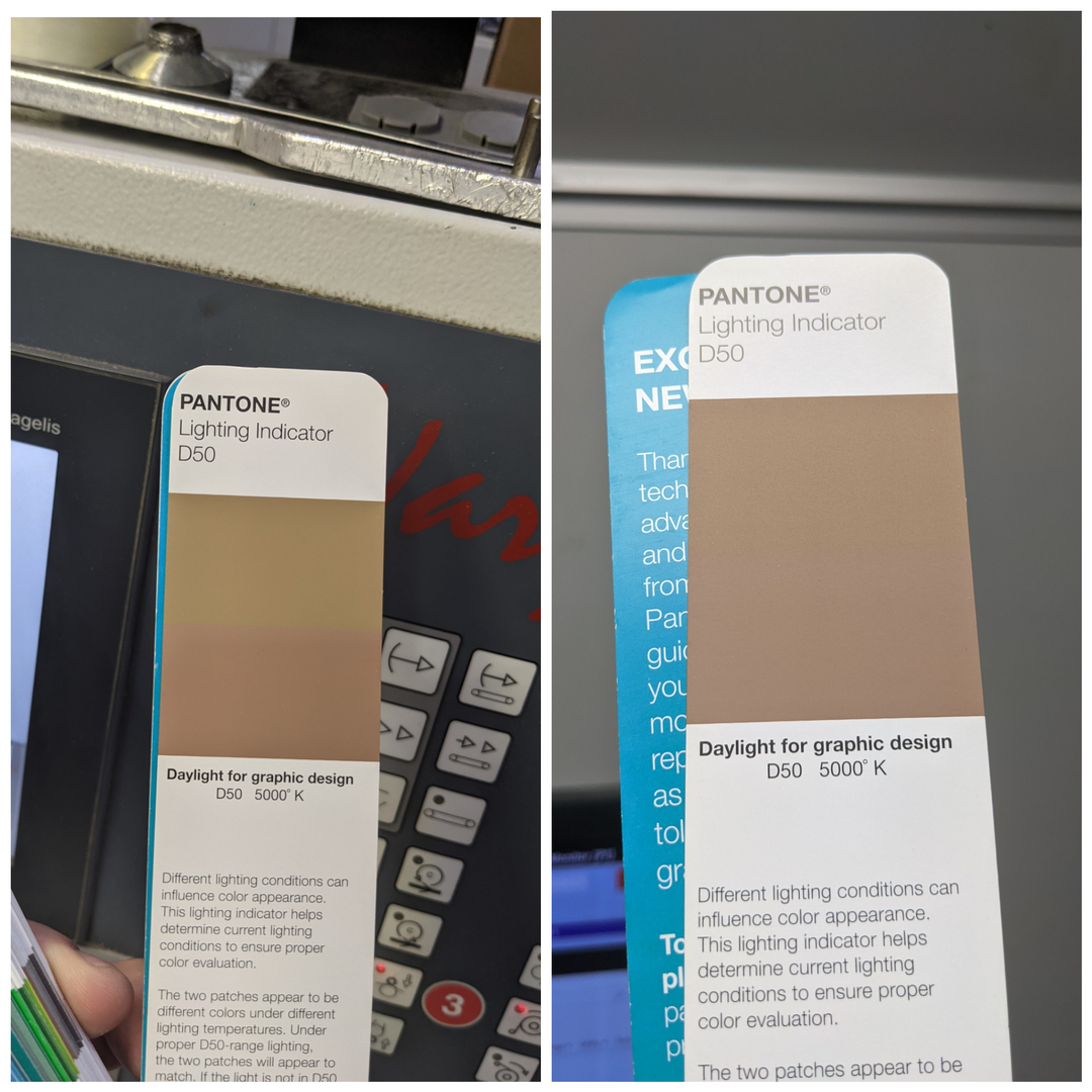 The prior post displaying light color in Kelvin made me think you might appreciate this Pantone light guide. Under 5k light the 2 swatches appear the same color anything else you can see the variation.