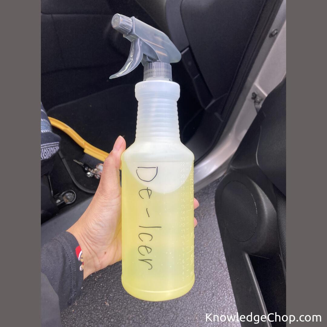 
De-icing for uncovered parking. Windshield wiper fluid in a spray bottle to get all the windows with minimal scraping