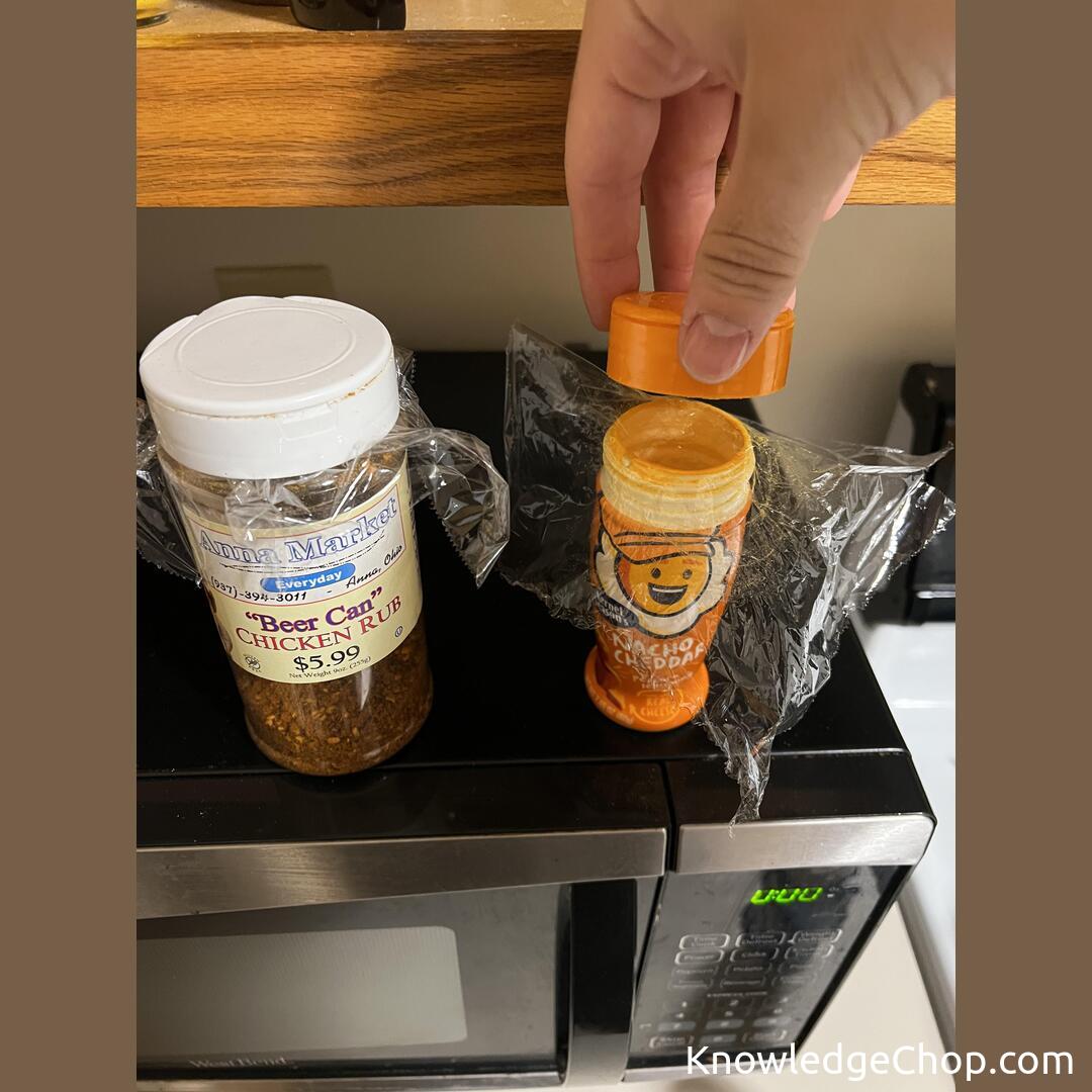 
Use plastic wrap under caps to reseal seasonings that solidify overtime.