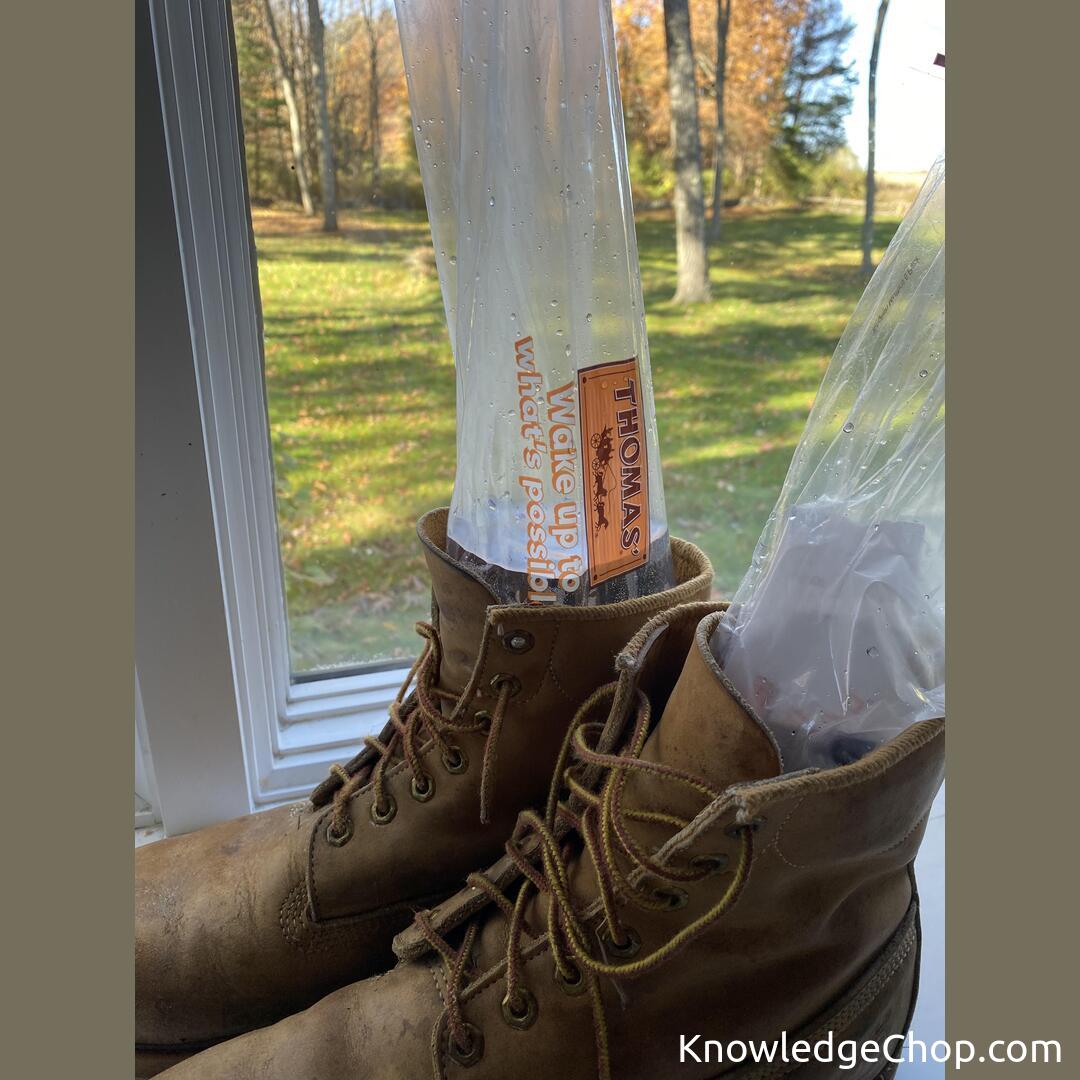 
Preheat your boots with hot tap water into long English Muffin bags while you eat the muffins for breakfast.